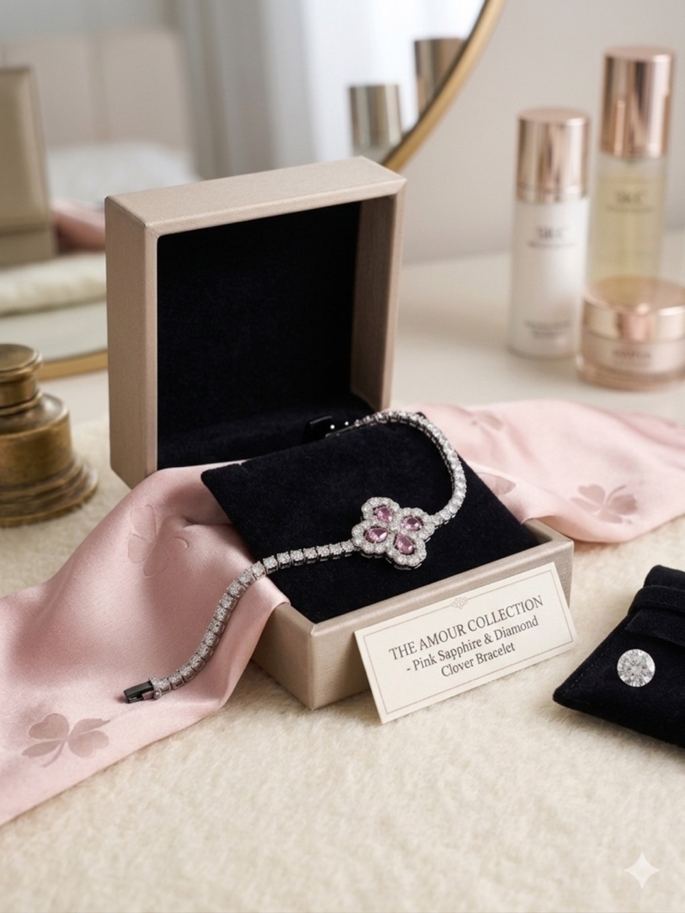 14k White Gold - Filled Pink Sapphire Clover Bracelet with Diamond Accents